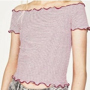 Zara Off Shoulder Knit Top Large Red White Spring